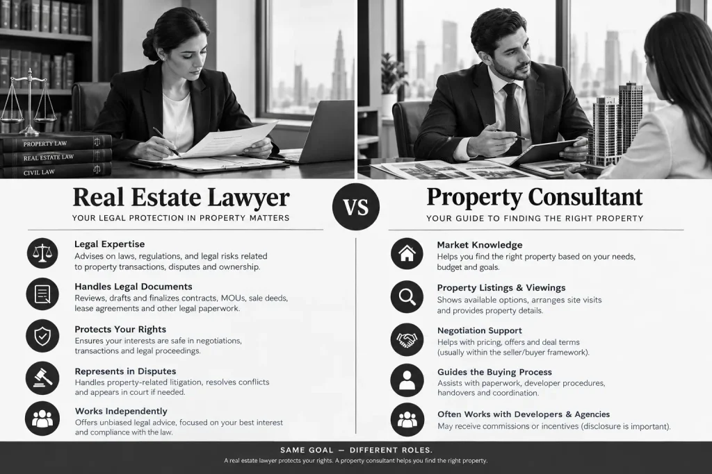 difference between real estate lawyer and property consultant