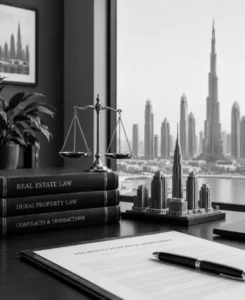 Home 7 16 Dubai real estate lawyer office with property law books, scales of justice and Dubai skyline